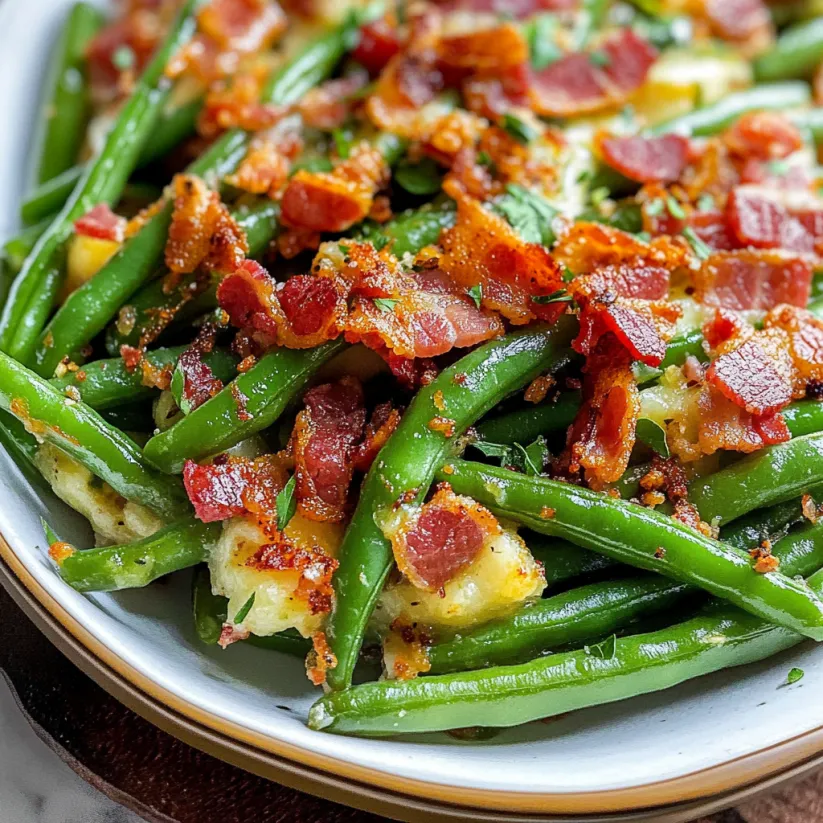Ein Teller mit grünen Bohnen und knusprigem Bacon on top.