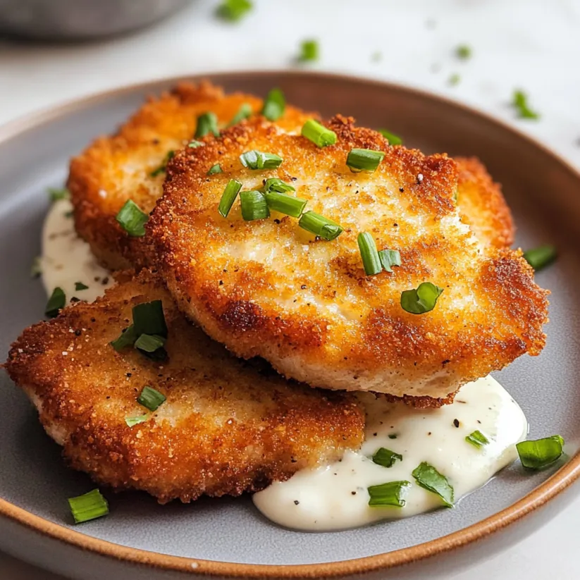 Ein Plate mit Pork Cutlets, die mit Mayonnaise und Kräutern garniert sind.