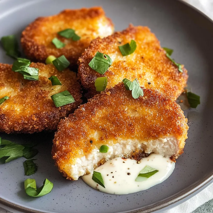 Ein Plate mit Pork Cutlets, die mit Zwiebeln und Mayonnaise garniert sind.
