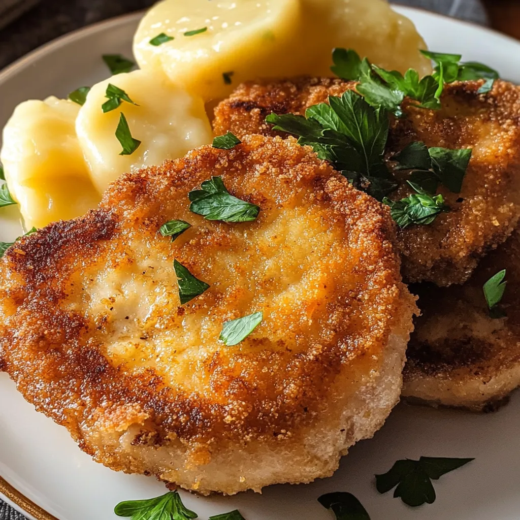 Ein weißer Teller mit Oven-Fried Pork Chops (Easy Recipe) darauf.