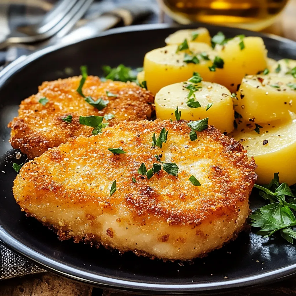 Ein Plate mit Oven-Fried Pork Chops, garniert mit Zwiebeln und Gewürzen.
