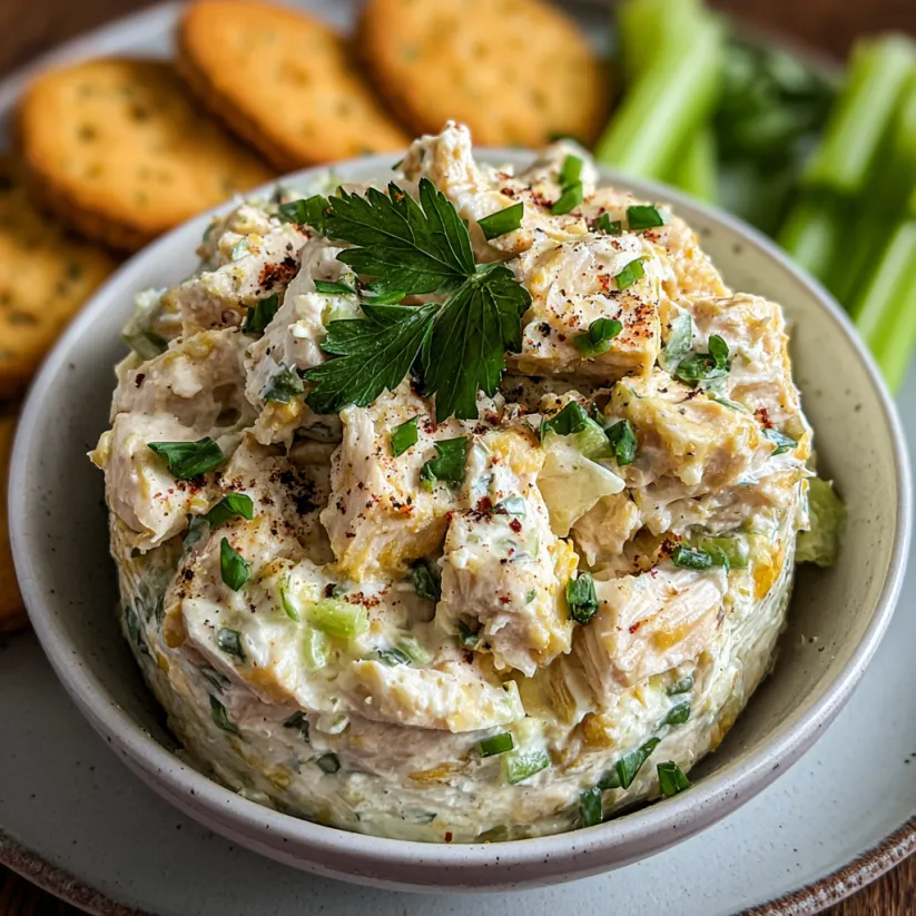 Ein Schüssel mit einer cremigen Chicken-Salat-Mischung die mit grünen Zutaten wie Zwiebeln und Koriander garniert ist.