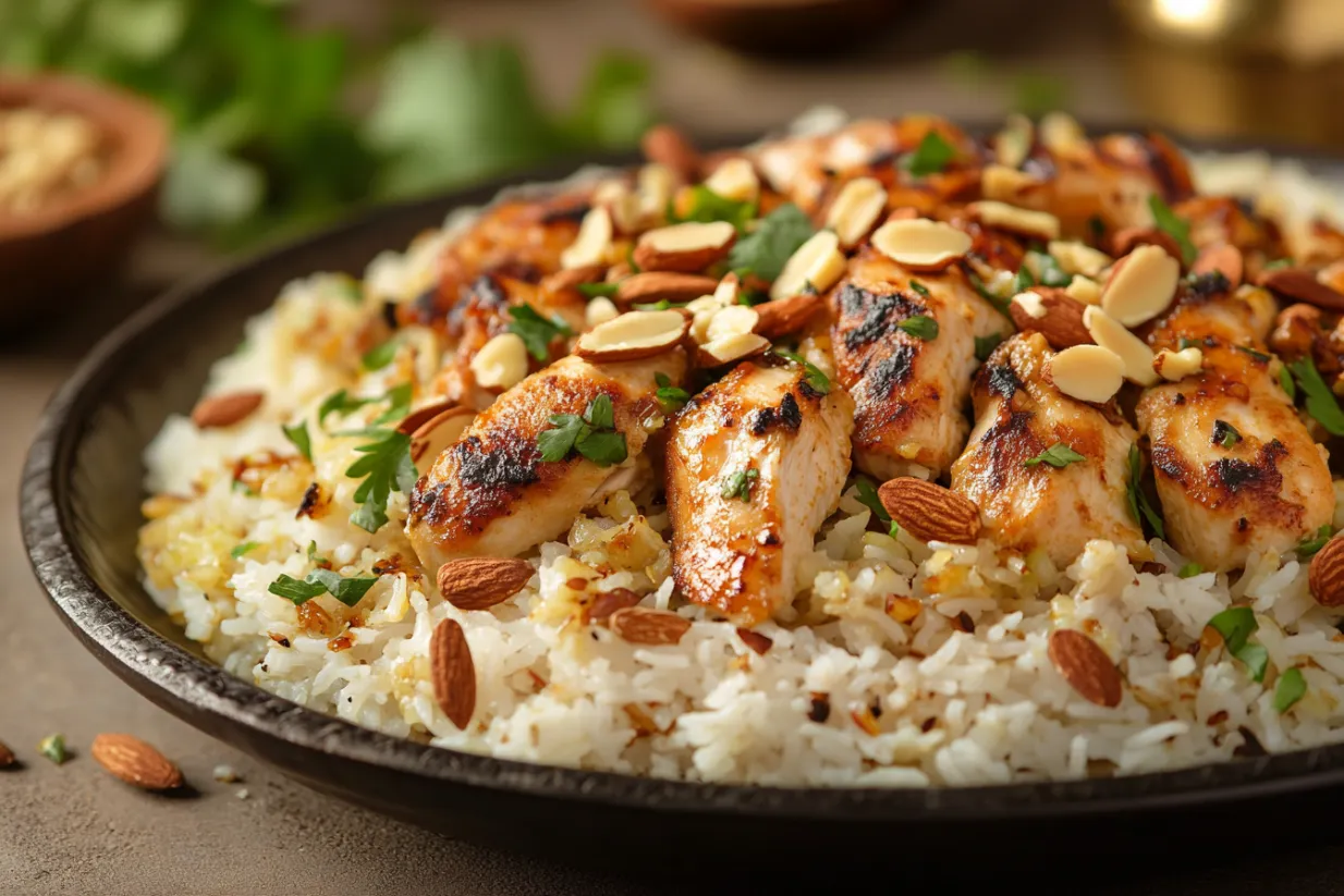 Ein Schüssel mit Rice und Chicken, garniert mit Nüssen.