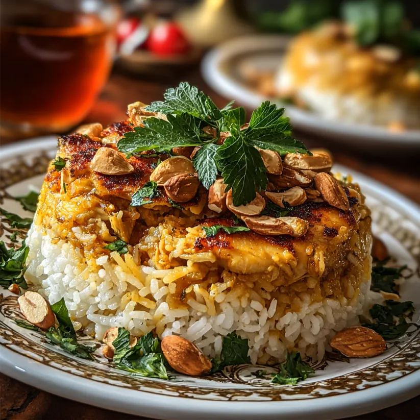 Ein Plate mit Riz a Djej, einer Art von Lebanese Chicken and Rice, garniert mit Nüssen und einer Blattgarnitur.