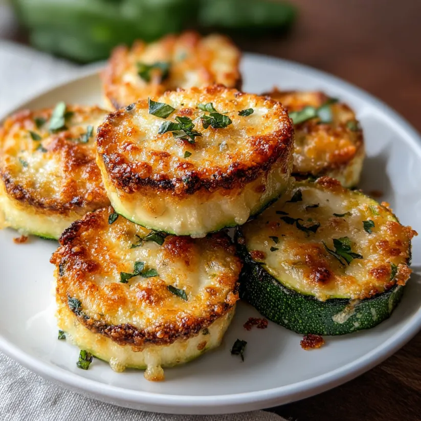 Ein weißer Teller mit Zucchini, die mit Parmesan und Zwiebeln garniert sind.