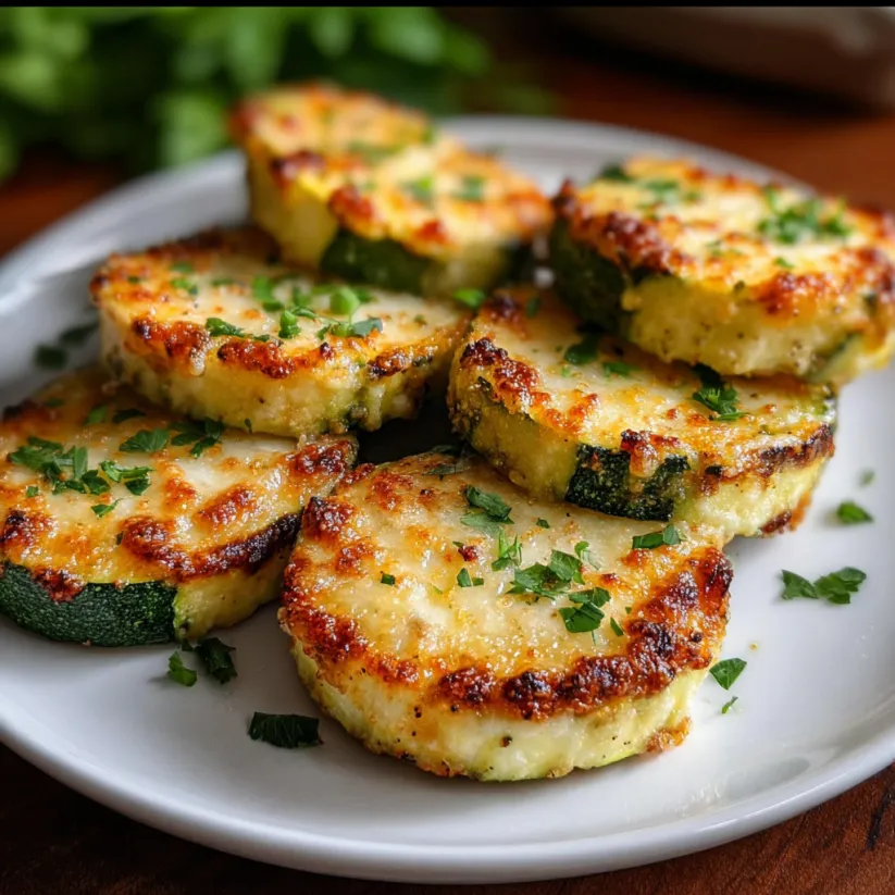 Ein weißer Teller mit knusprig gebackenen Zucchinischeiben, bestreut mit Parmesan.