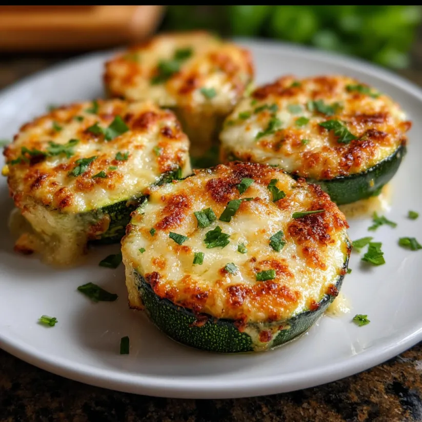 Ein weißer Teller mit vier Zucchinikrümelchen, die mit Parmesan und Käse zubereitet wurden.