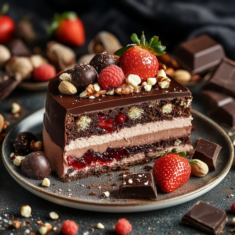 Eine Schokoladenkuche mit Strawberries und Nüssen auf einem Teller
