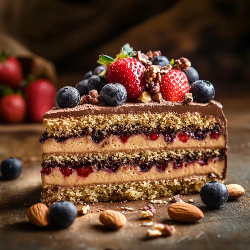 Eine Schicht aus Strawberries Blueberries Walnuts und Nougat auf einer Tafel