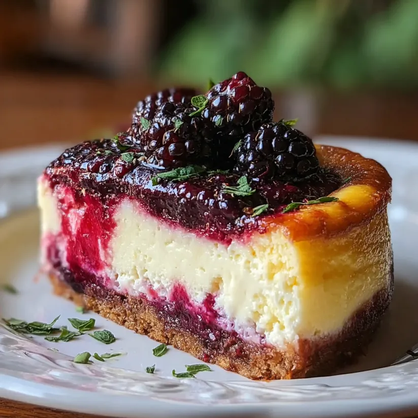 Ein Stück Raspberry-Blackberry-Cheesecake auf einem weißen Plate.