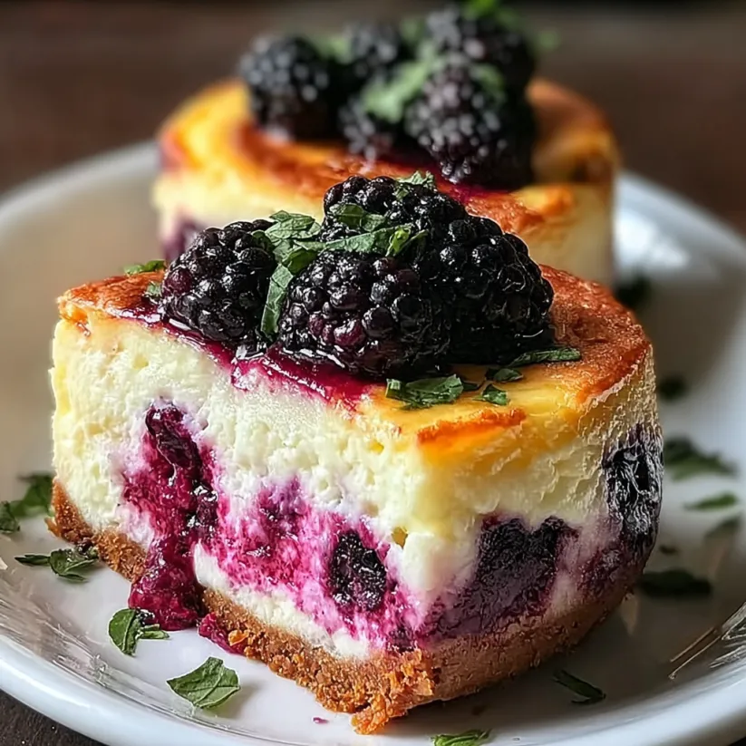 Ein Stück Raspberry-Blackberry Cheesecake auf einem weißen Platter.