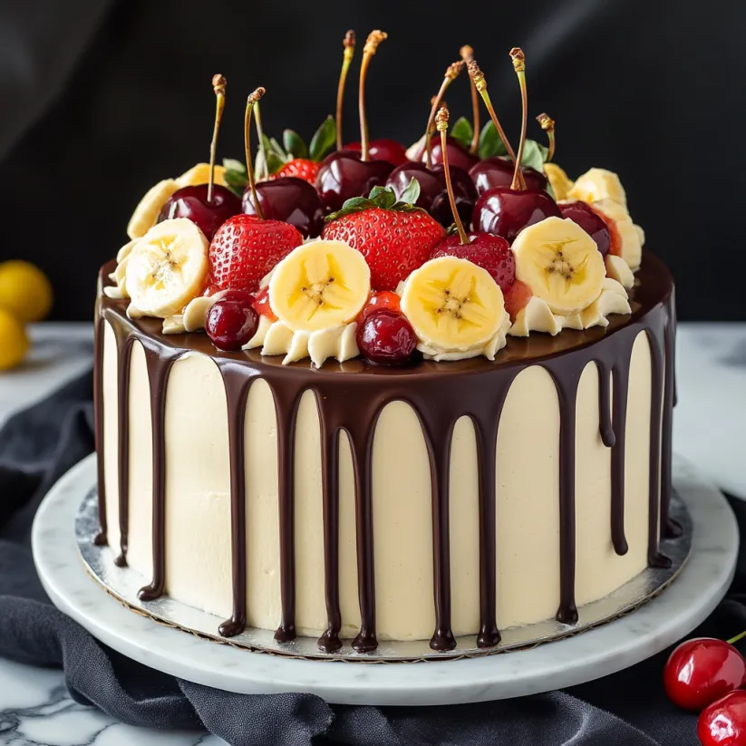 Eine Schokoladenkuche mit Bananen, Strawberries und Graham Cracker-Krusten.