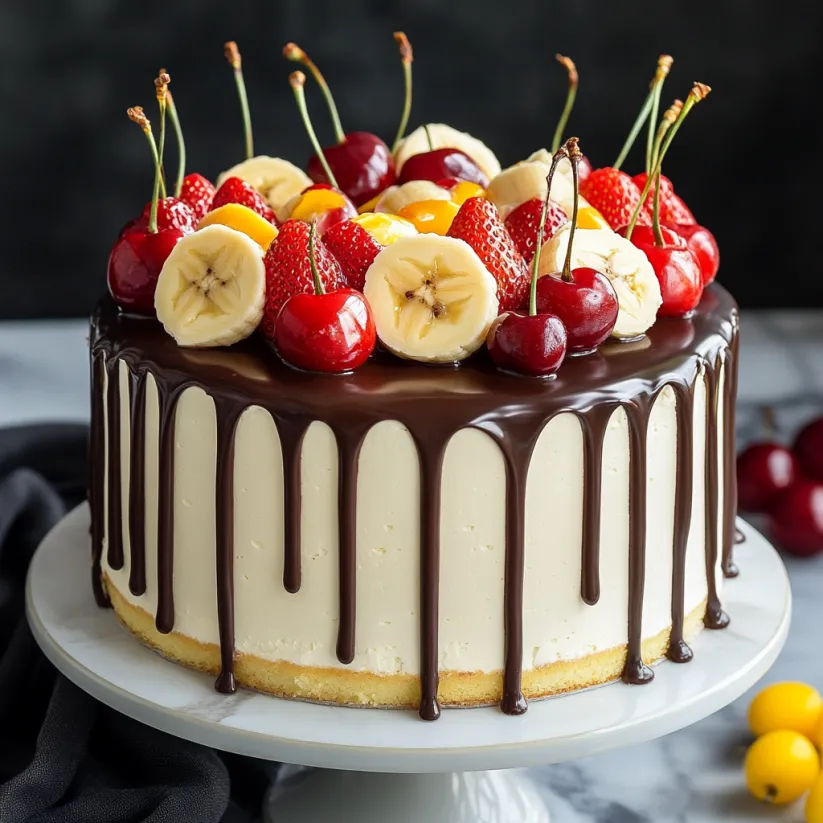 Eine Bananen-Split-Karte mit einer Schicht aus Bananen, Strawberries, Yellow Bananas, Graham Crackers und Schokolade.