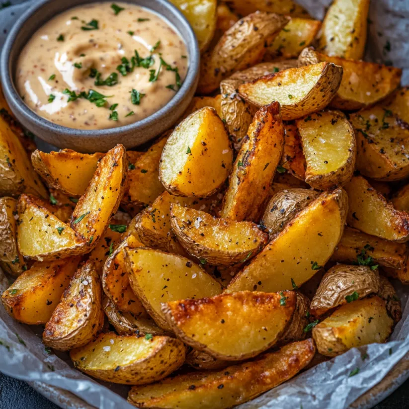 Ein Becher mit Sauce und eine Schüssel mit frisch zubereiteten Paprika-Wedges