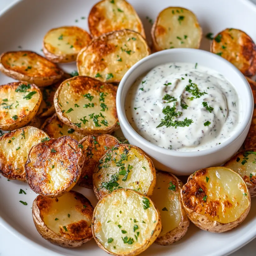Ein weißer Teller mit frisch zubereiteten Air Fryer Potato Wedges die in einem Glas mit Sauce serviert werden