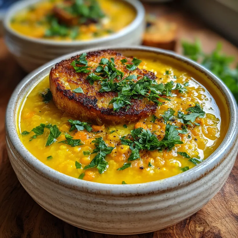 Eine Schale Kurkuma-Linsensuppe mit einer Brotscheibe darauf.