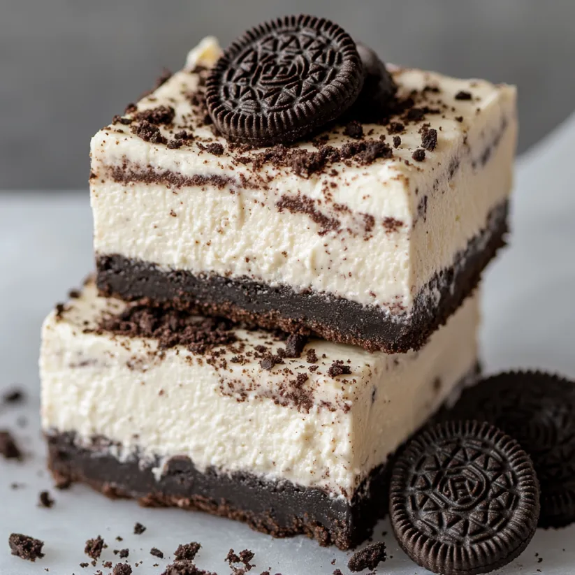 Nahaufnahme eines Stücks cremiger Oreo Cheesecake Bar ohne Backen.