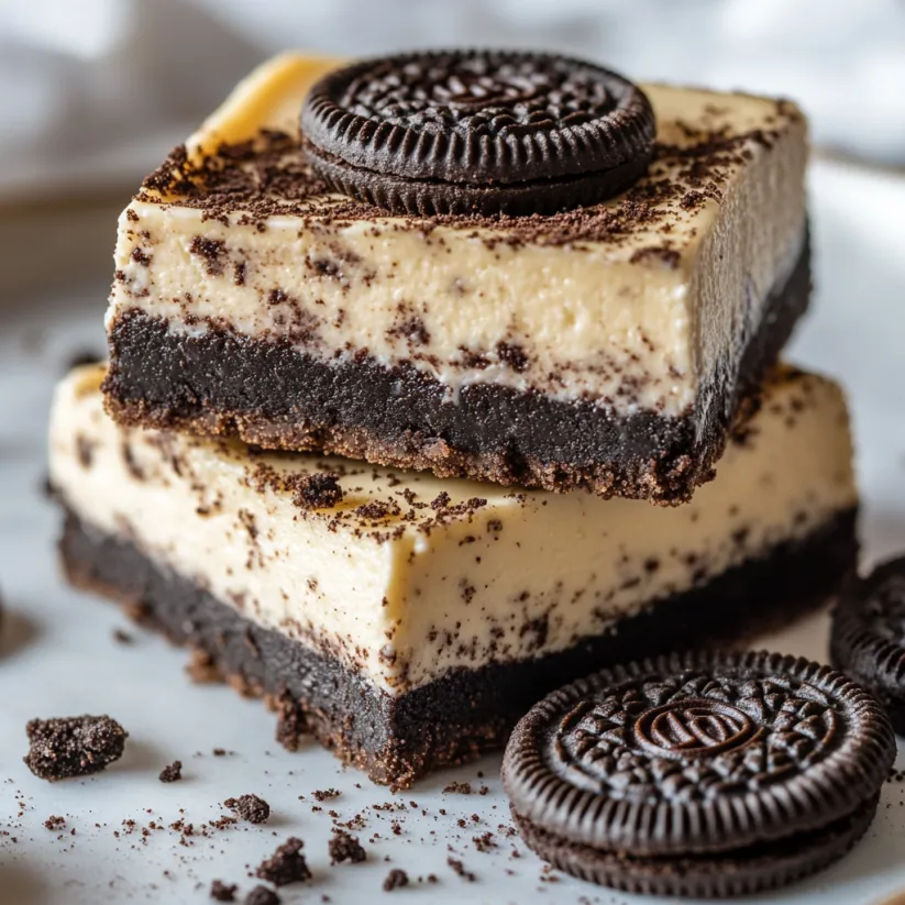 Nahaufnahme einer mega-cremigen Oreo Cheesecake Bar ohne Backen.