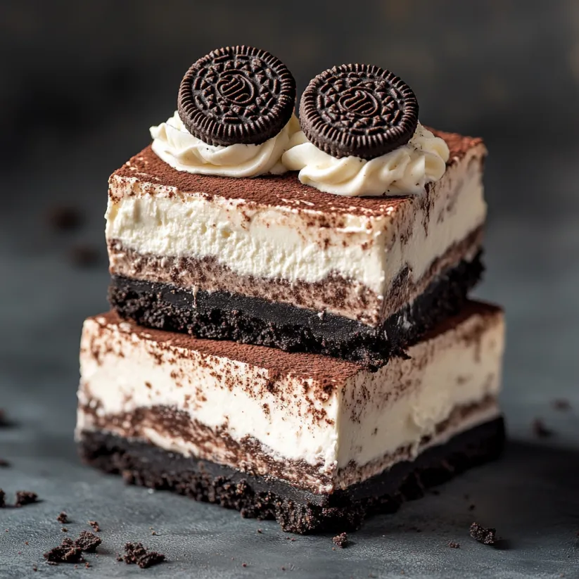 Ein Stück cremige Oreo-Käsekuchen-Bars ohne Backen.