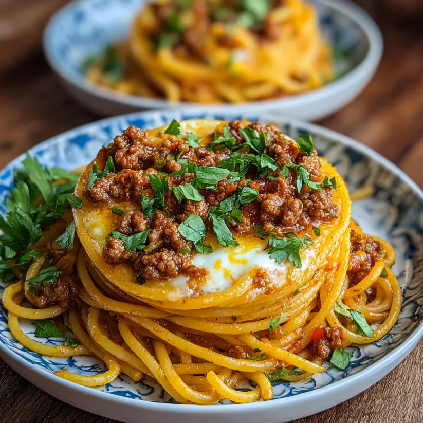 Ein Teller Spaghetti mit Hackfleisch oben drauf.