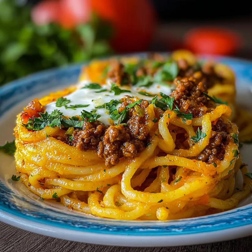 Ein Teller Spaghetti mit Hackfleisch und Käse obendrauf.