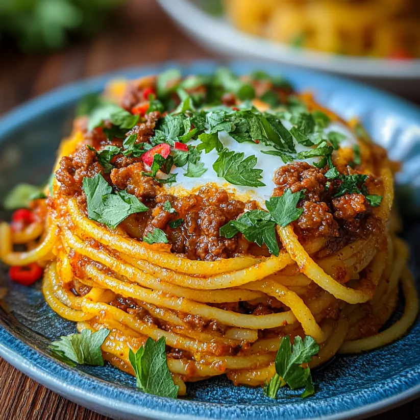Ein Teller Spaghetti mit Fleisch und Gemüse.