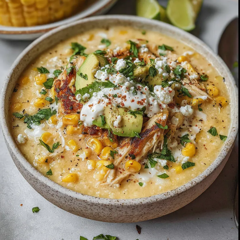 Schale cremiger Streetcorn-Chili mit Hähnchen und Mais.