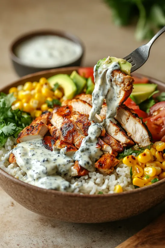 Eine Schale Hähnchen und Reis mit Löffel.