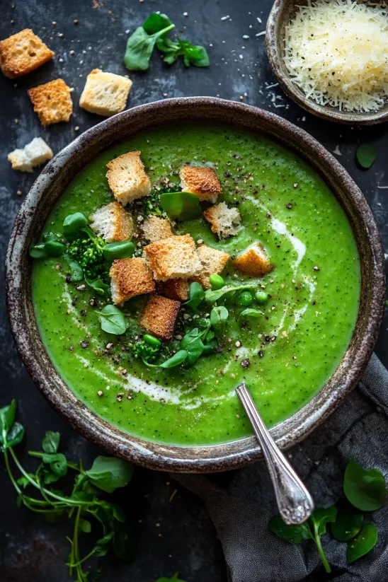 Ein Teller Suppe mit Brot und Grillgemüse.
