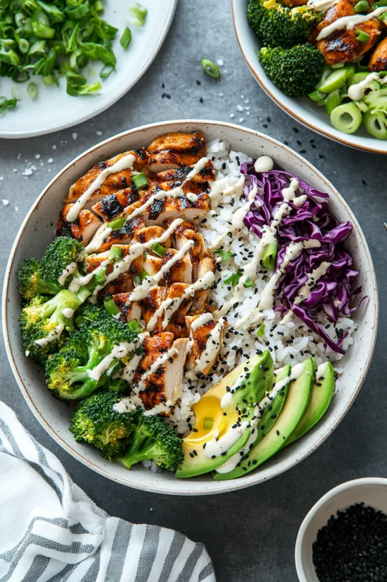 Eine Schale mit Brokkoli, Hähnchen und Reis.