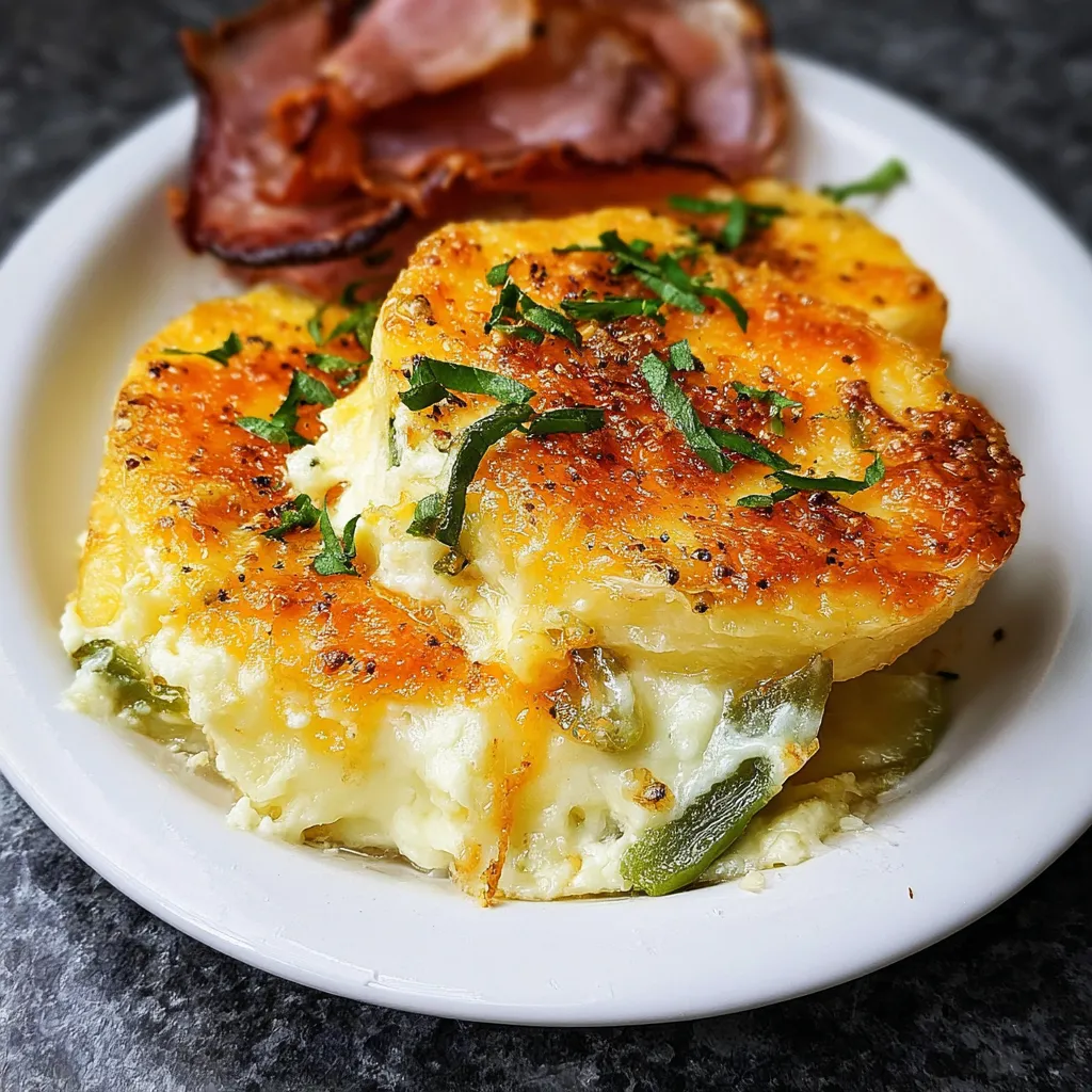 Ein Teller voll Jalapeño-Kartoffelauflauf.