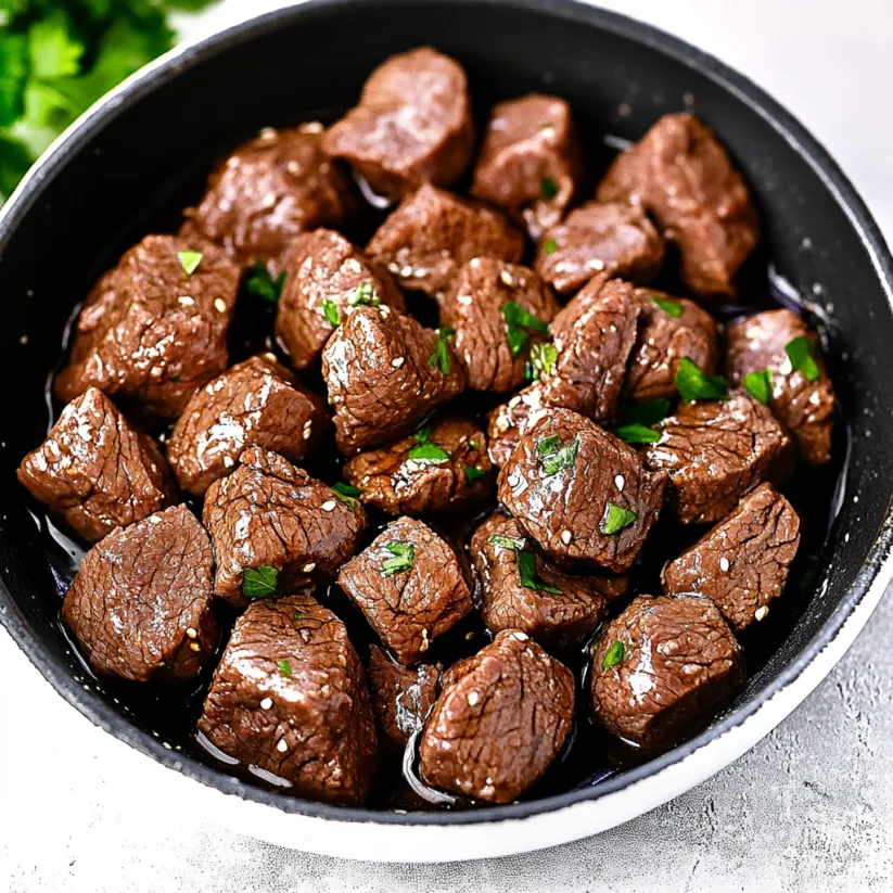 Eine Schüssel mit Steakbissen aus Rindfleisch.