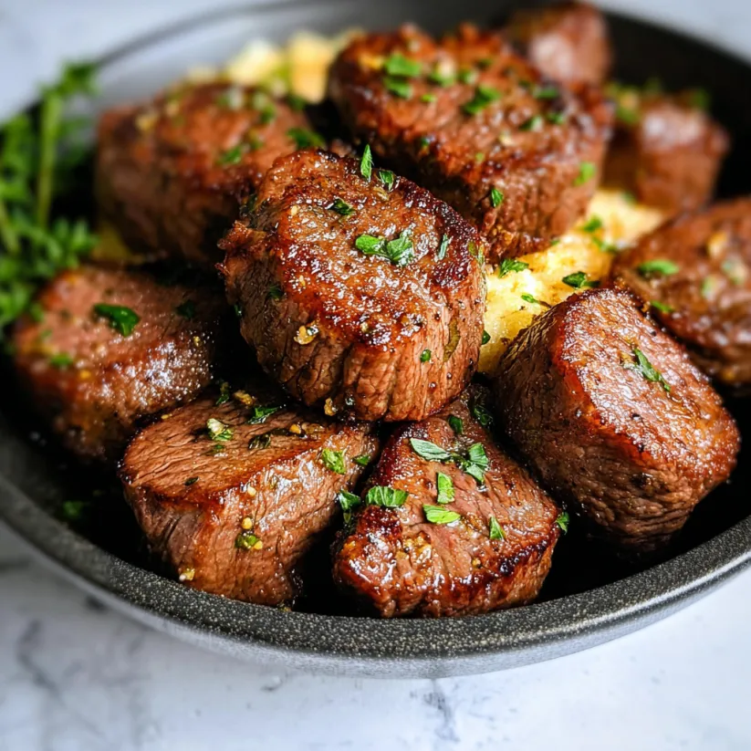 Schüssel mit Rinder-Steakhäppchen, garniert mit frischen Kräutern und Gewürzen.