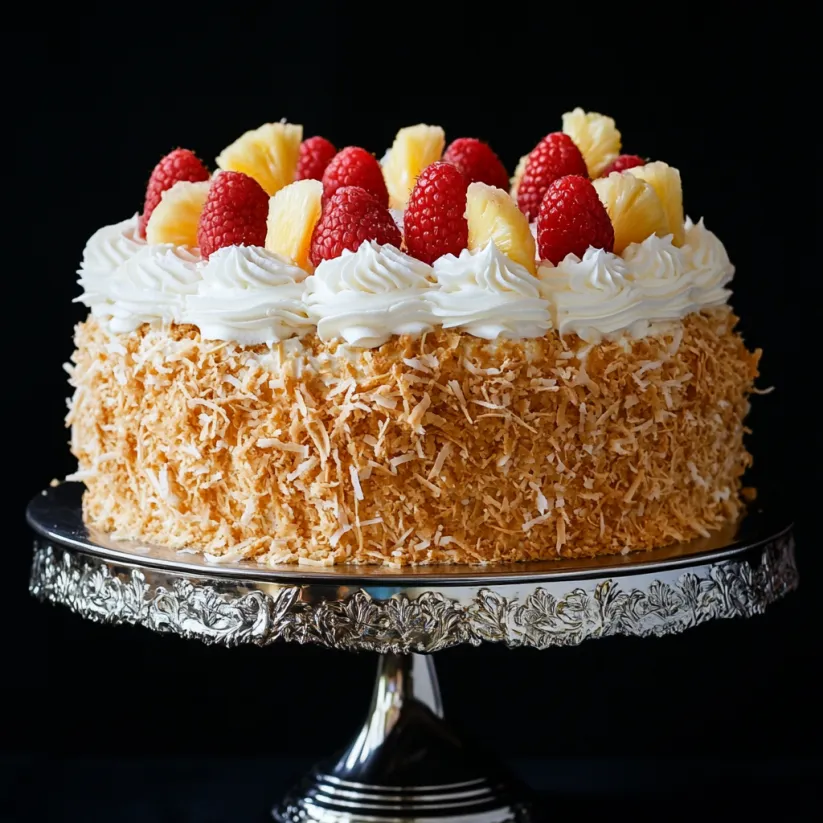 Ein Stück Pina-Colada-Kuchen auf einer silbernen Platte.