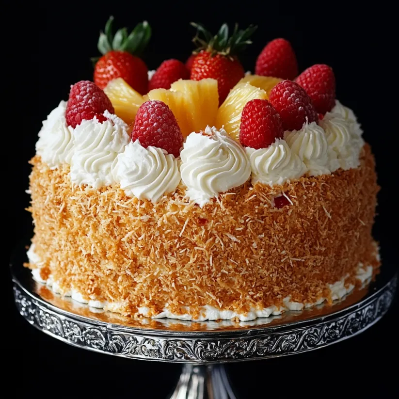 Ein Stück Pina-Colada-Kuchen mit Erdbeeren und Ananas.