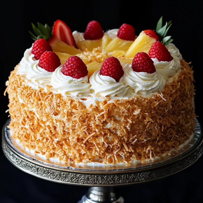 Ein Kuchen mit Ananas und Erdbeeren obendrauf.