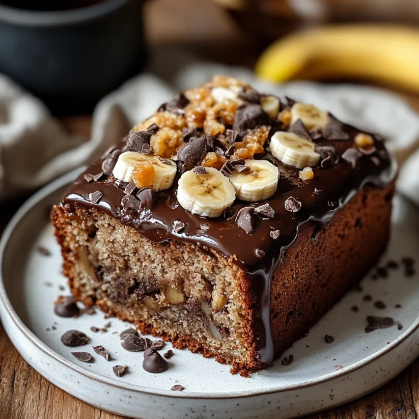 Eine Scheibe Bananenbrot mit Schokoglasur und Bananenscheiben obendrauf.
