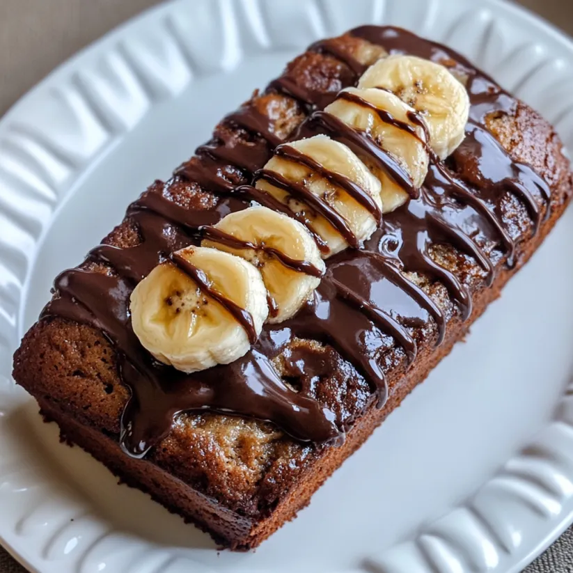 Ein Stück Bananenbrot mit Schokoladen-Topping.