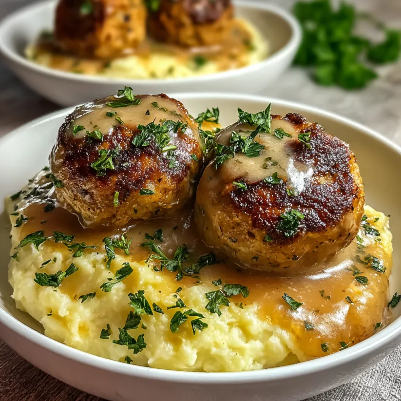 Zwei Fleischbällchen mit Soße übergossen.