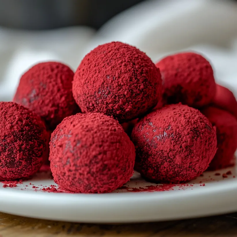 Red-Velvet-Trüffel mit Frischkäsefüllung.