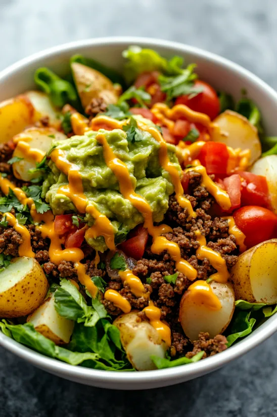 Ein Taco Potato Bowls mit verschiedenen Zutaten wie Avocado, Tomaten, Kartoffeln, Lettuce und Ketchup.