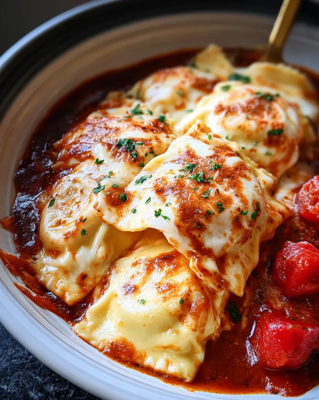 Ein Crock Pot mit Ravioli, die in einer Tomatensoße gegeben sind.