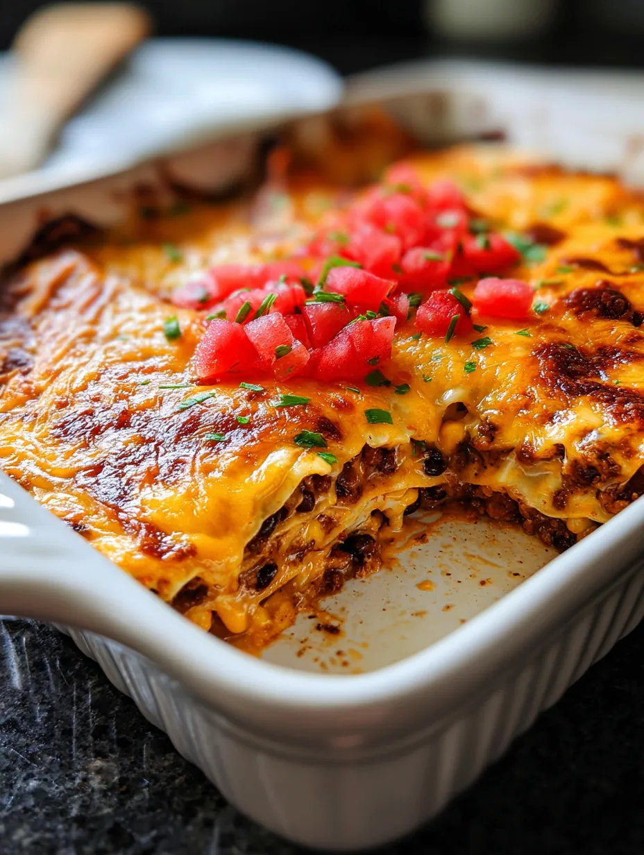 Ein mexikanisches Lasagna-Gericht in einem weißen Teller mit verschiedenen Zutaten wie Tomaten, Pommes, Käse und Zwiebeln.