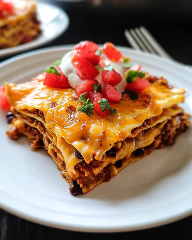 Ein mexikanisches Lasagna-Gericht auf einem weißen Teller, das mit Tomaten, Avocado und Mayonnaise garniert ist.