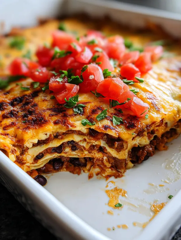 Eine mexikanische Lasagna mit Tomaten, Paprika und Zwiebeln.
