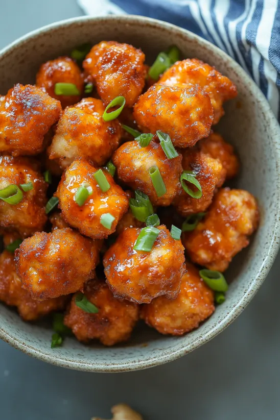 Ein Schalen mit Chicken, die in einer Sauce gegeben sind.