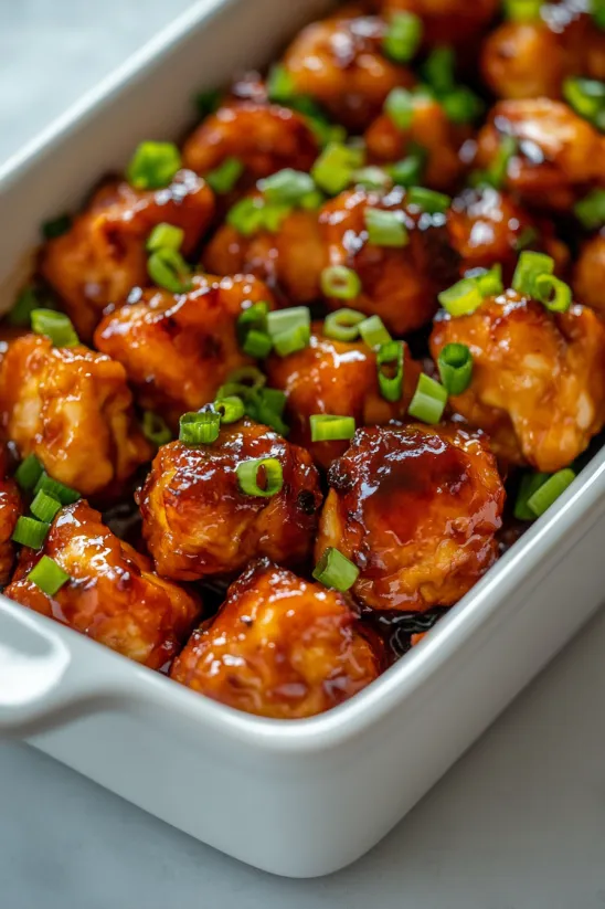 Ein Wok mit Easy Sweet and Sour Chicken, das mit Zwiebeln und Zucker garniert ist.