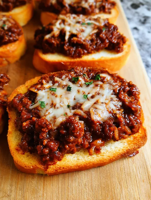 Eine Scheibe Texas Toast mit Sloppy Joe-Füllung.