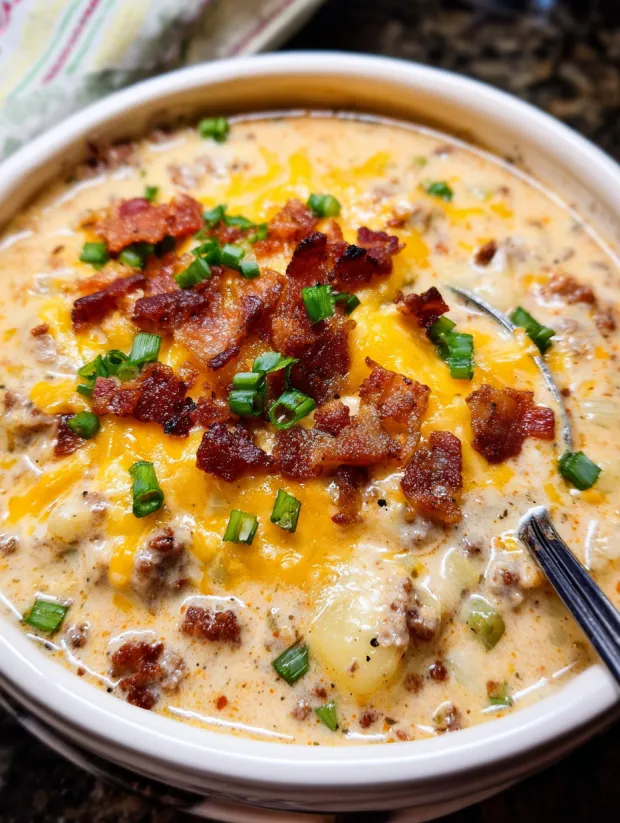Eine Schale Suppe mit Käse und Speck obendrauf.
