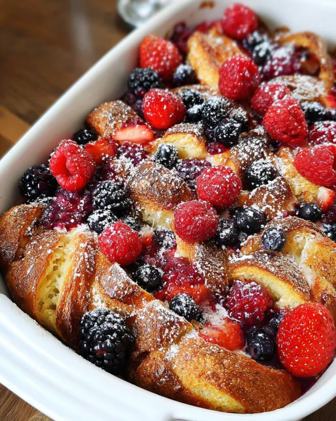 Ein gebackenes Dessert mit Beeren und Croissant.